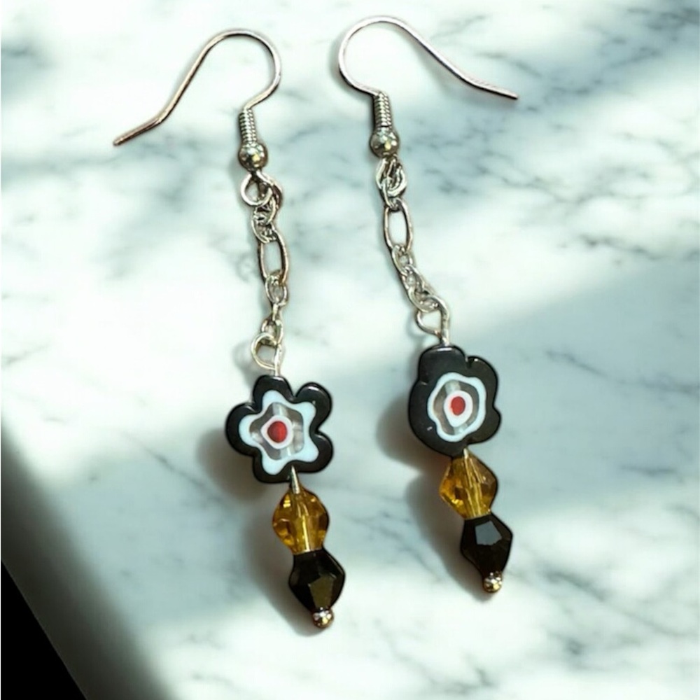 Floral Black and Gold Dangle Earrings